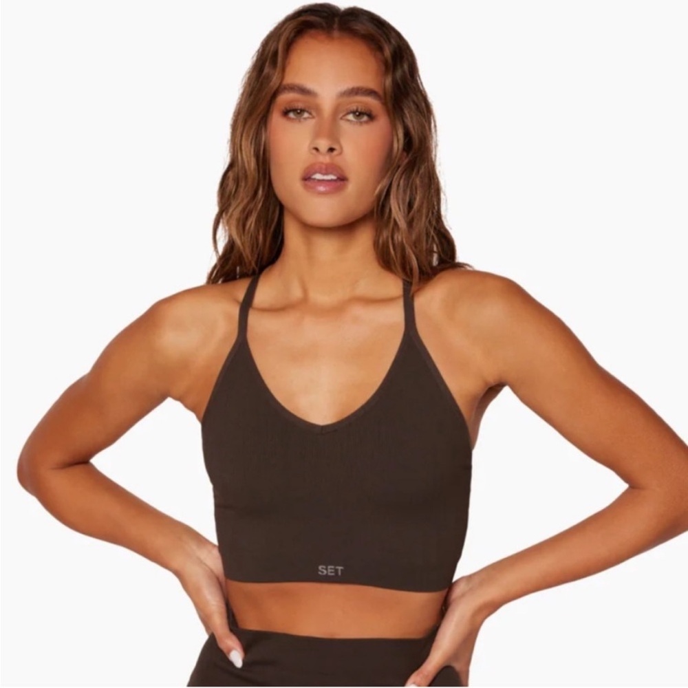 SET Active ScupltFlex Ribbed V Halter Tank + Leggings Set in Espresso Size M - Picture 4 of 15